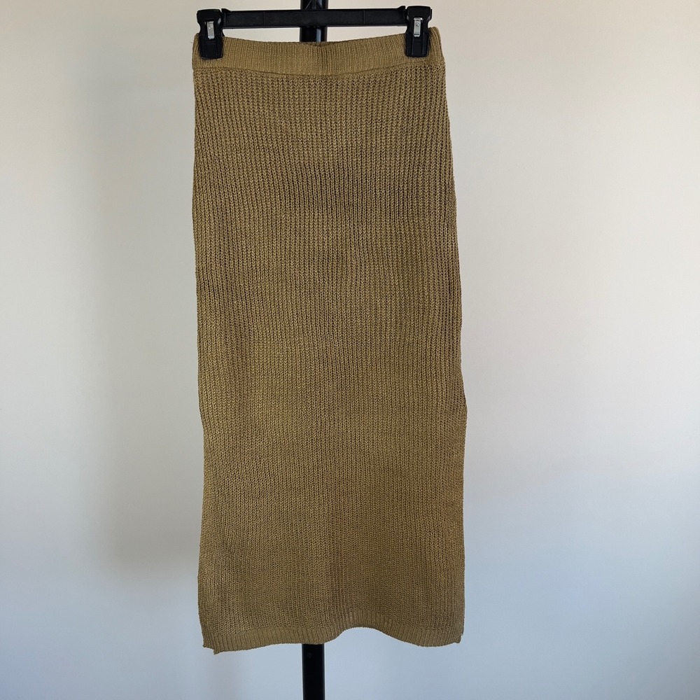 Miou Muse Gold Metallic Knit Midi Skirt Small Crochet Boho Side Slit Bronze